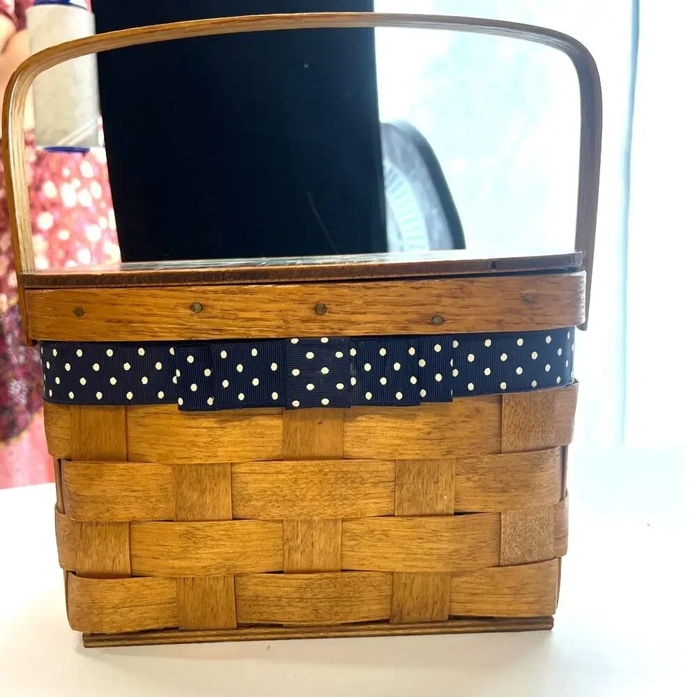 Folk Art Hand Painted vintage hand-painted wooden basket purse picnic box ribbon